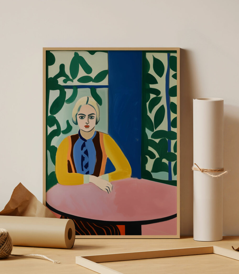 Une femme au regard franc assise à la table d'un café, dans une illustration aux couleurs douces et apaisantes, capturant une ambiance sereine et naturelle.